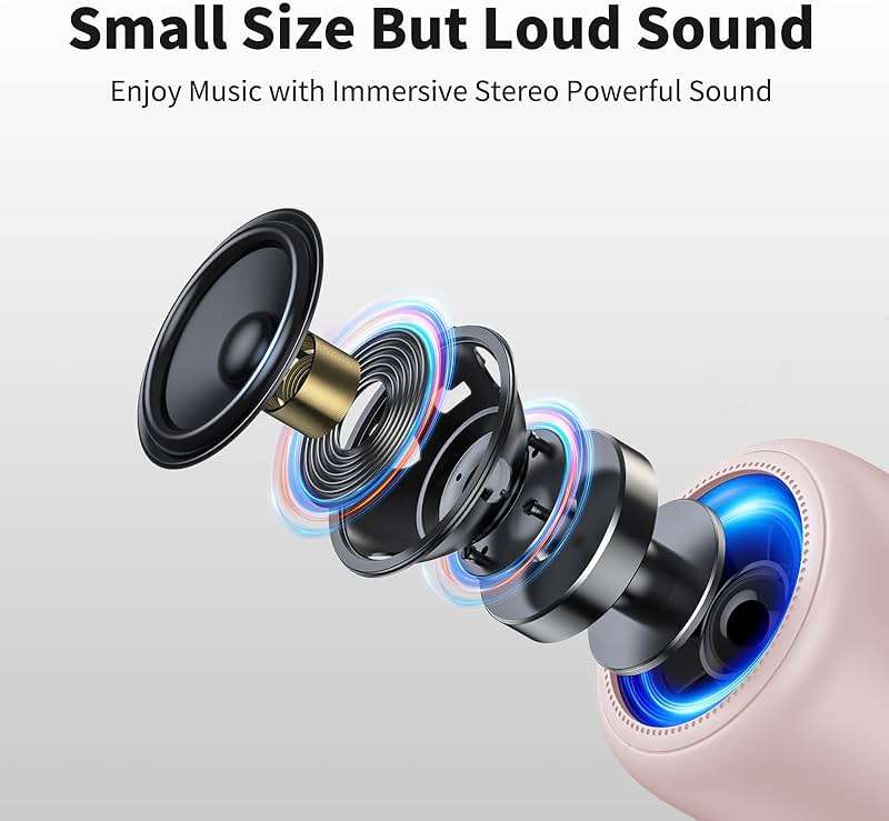 Bobtot Portable Bluetooth Speakers with Strap Easy to Carry, Wireless IPX5 Waterproof Mini Speaker with Loud Stereo Sound, 20 Hours Playtime, Rechargeable Battery, Built-in Microphone, Pink - Image 4