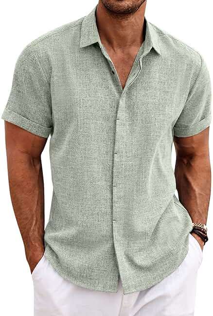 COOFANDY Men's Linen Shirts Short Sleeve Casual Shirts Button Down Shirt for Men Beach Summer Wedding Shirt - Image 1
