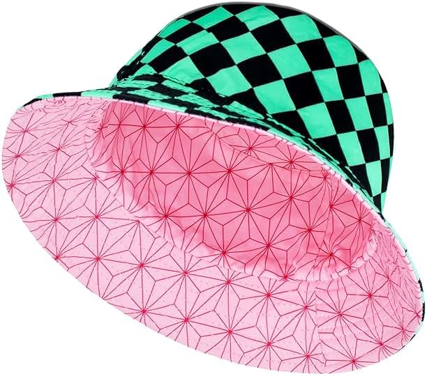 Roffatide Anime Bucket Hat Kamado Tanjirou Kamado Nezuko Bucket Hat All Over Print Fishing Hat Reversible Double Side Wear Fishing Hat Green/Pink - Product Image