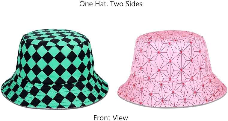 Roffatide Anime Bucket Hat Kamado Tanjirou Kamado Nezuko Bucket Hat All Over Print Fishing Hat Reversible Double Side Wear Fishing Hat Green/Pink - Image 3