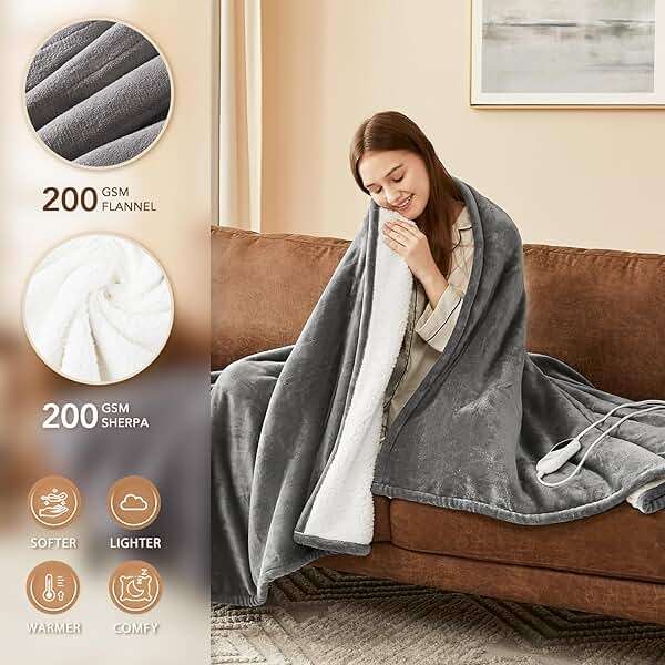 Homemate Heated Blanket Electric Throw - 50"x60" Heating Blanket Throw 1/2/4/6/8 Hours Auto-Off 10 Heat Level Over-Heat Protection Flannel Sherpa ETL Certification - Image 2