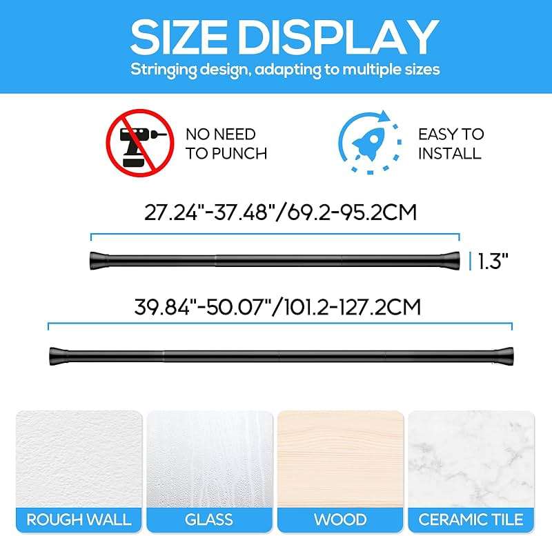 Tension Curtain Rod Black Tension Rod 28 To 48 Inch Spring Curtain Rods Non Slip Tension Rods 1pcs For Windows No Drilling Adjustable Tension Rods of Curtains Window Closet Kitchen Wardrobe - Image 6