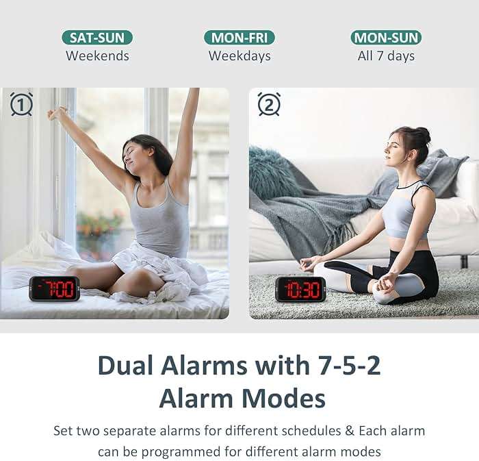 Odokee Digital Dual Alarm Clock for Bedroom, Easy to Set, 0-100% Dimmer, USB Charger, 5 Sounds Adjustable Volume, Weekday/Weekend Mode, Snooze, 12/24Hr, Battery Backup, Compact Clock for Bedside(Red) - Image 3
