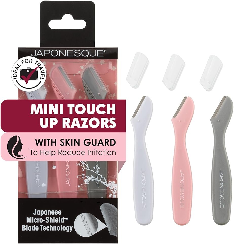 JAPONESQUE Mini Touch Up Razors - Travel Size Dermaplaning Tool Set - 3 Piece Mini Travel Razor Kit, One Blade Fixed Dermaplane Razor For Women - Product Image