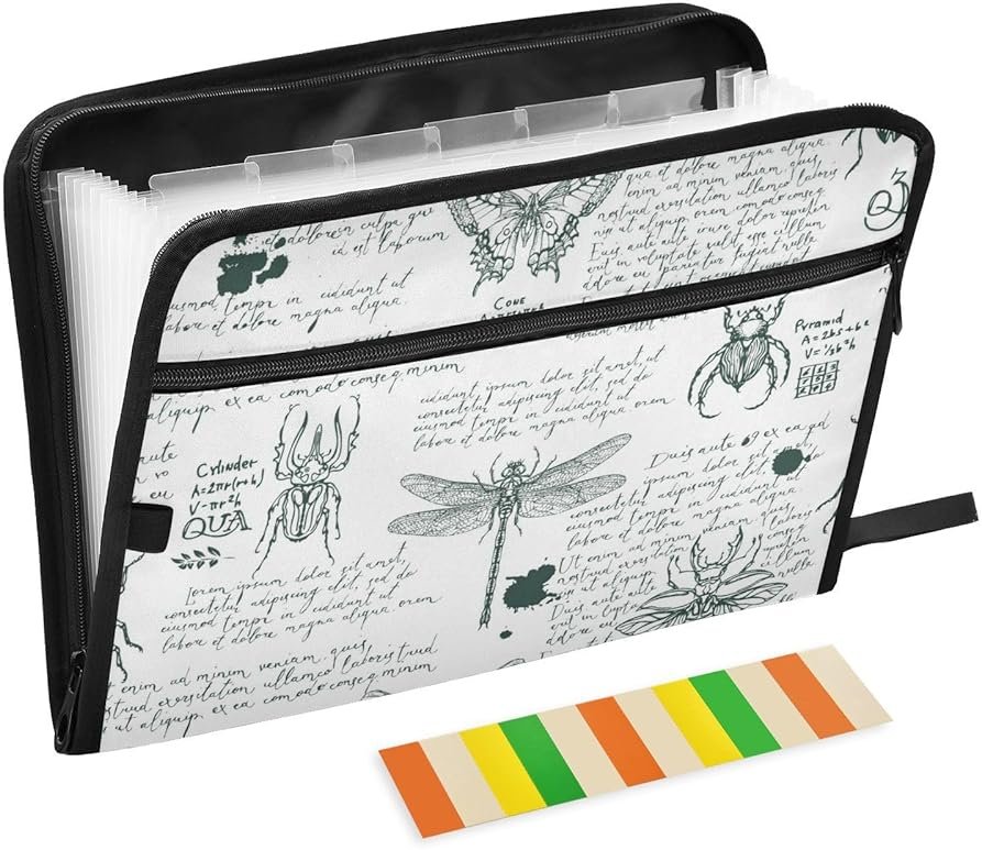ZZKKO 13 Pockets Expanding File Folder Hand-Drawn Insects Vintage with Sticky Labels Accordion File Folder Document Organizer Letter Size A4 Papers Expandable File Keeper - Product Image