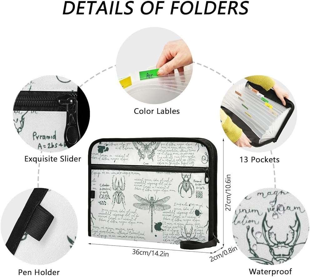 ZZKKO 13 Pockets Expanding File Folder Hand-Drawn Insects Vintage with Sticky Labels Accordion File Folder Document Organizer Letter Size A4 Papers Expandable File Keeper - Image 3
