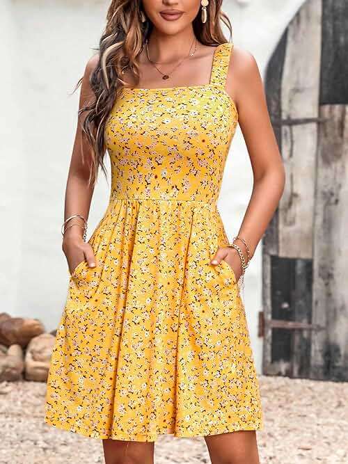 HUHOT Women's Summer Casual Square Neck Dress with Pocket Cute Sleeveless High Waist A-line Sundress Midi Dresses 2026 - Image 2