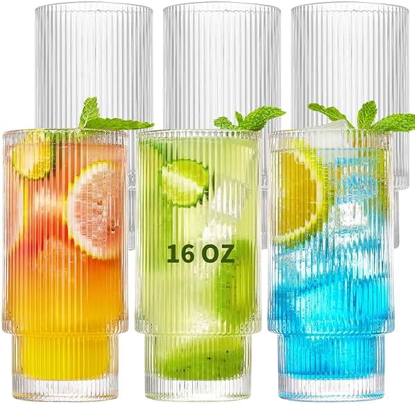 Qipecedm 6 Pack Ribbed Drinking Glasses, 16 oz Vintage Glass Cups, Highball Glasses, Premium Iced Coffee Glasses, Clear Glass Tumbler, Cocktail Glasses, Elegant Glassware for Water Juice Whiskey Beer - Product Image