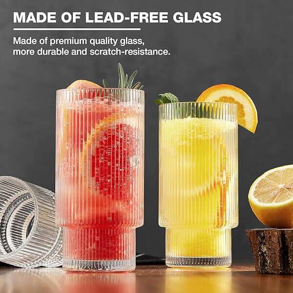 Qipecedm 6 Pack Ribbed Drinking Glasses, 16 oz Vintage Glass Cups, Highball Glasses, Premium Iced Coffee Glasses, Clear Glass Tumbler, Cocktail Glasses, Elegant Glassware for Water Juice Whiskey Beer - Image 5