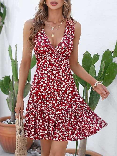 FENSACE Women's Summer Sleeveless Sexy Wrap V Neck Floral Sundress Mini Dress - Image 2