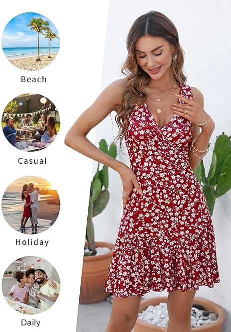 FENSACE Women's Summer Sleeveless Sexy Wrap V Neck Floral Sundress Mini Dress - Image 6