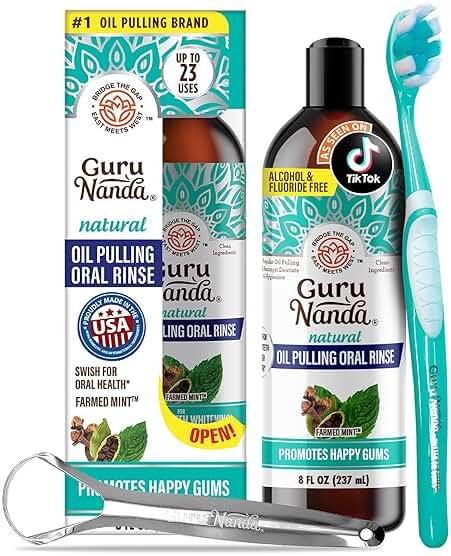 GuruNanda CocoMint Oil Pulling Mouthwash for Complete Oral Hygiene, 7 Essential Oils & Vitamins for Happy Teeth & Gums & Fresh Breath with Toothbrush & Tongue Scraper, Alcohol & Peroxide Free, 8 oz - Product Image