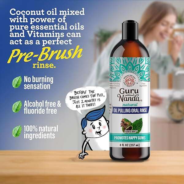 GuruNanda CocoMint Oil Pulling Mouthwash for Complete Oral Hygiene, 7 Essential Oils & Vitamins for Happy Teeth & Gums & Fresh Breath with Toothbrush & Tongue Scraper, Alcohol & Peroxide Free, 8 oz - Image 3