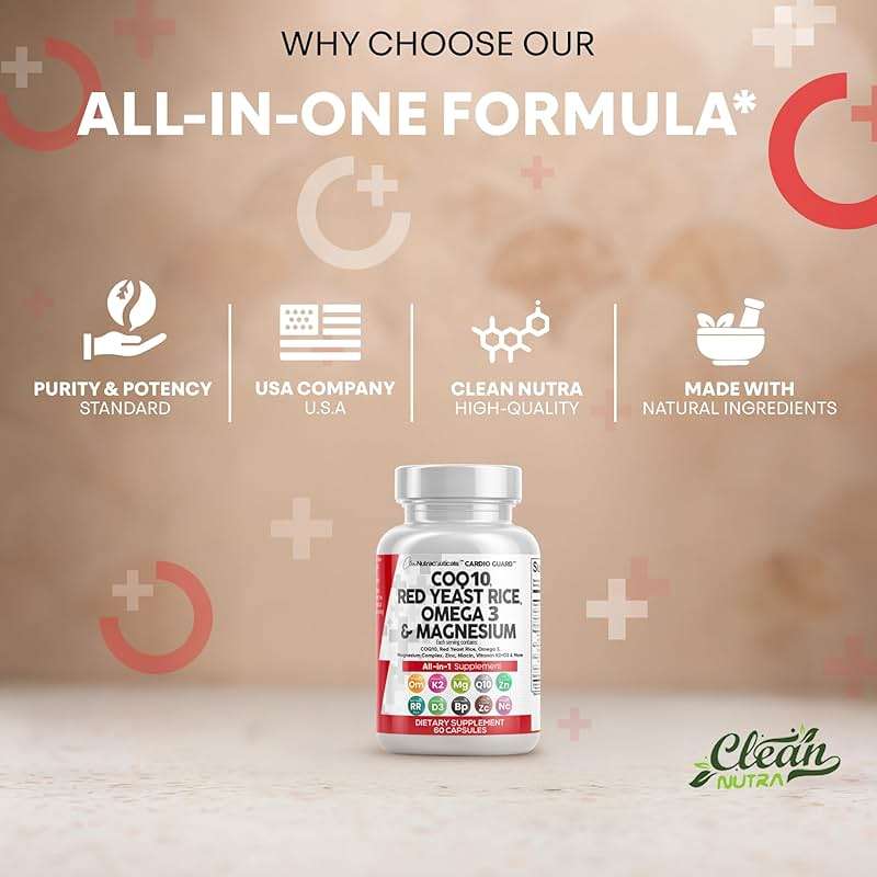 Clean Nutraceuticals COQ10 200mg Red Yeast Rice Omega 3 Magnesium Complex 500mg Niacin Zinc Vitamin K2 D3 - Heart Support Vitamins for Women & Men w/Vitamin B3, Coenzyme Q10-60 Ct - Image 7