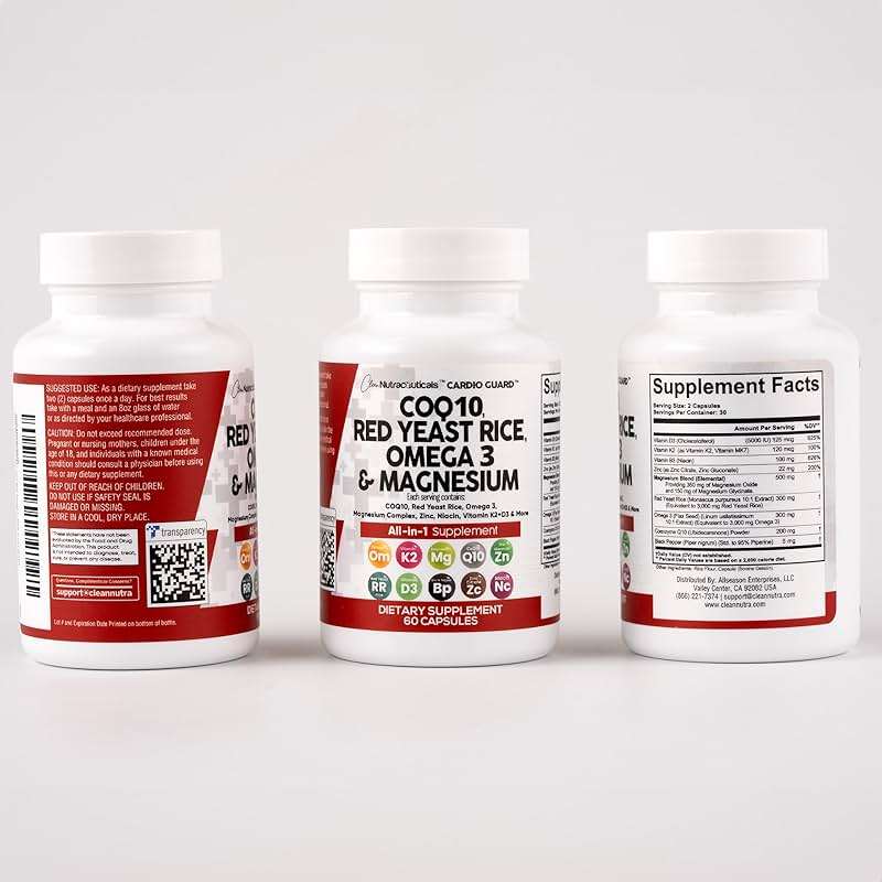 Clean Nutraceuticals COQ10 200mg Red Yeast Rice Omega 3 Magnesium Complex 500mg Niacin Zinc Vitamin K2 D3 - Heart Support Vitamins for Women & Men w/Vitamin B3, Coenzyme Q10-60 Ct - Image 8
