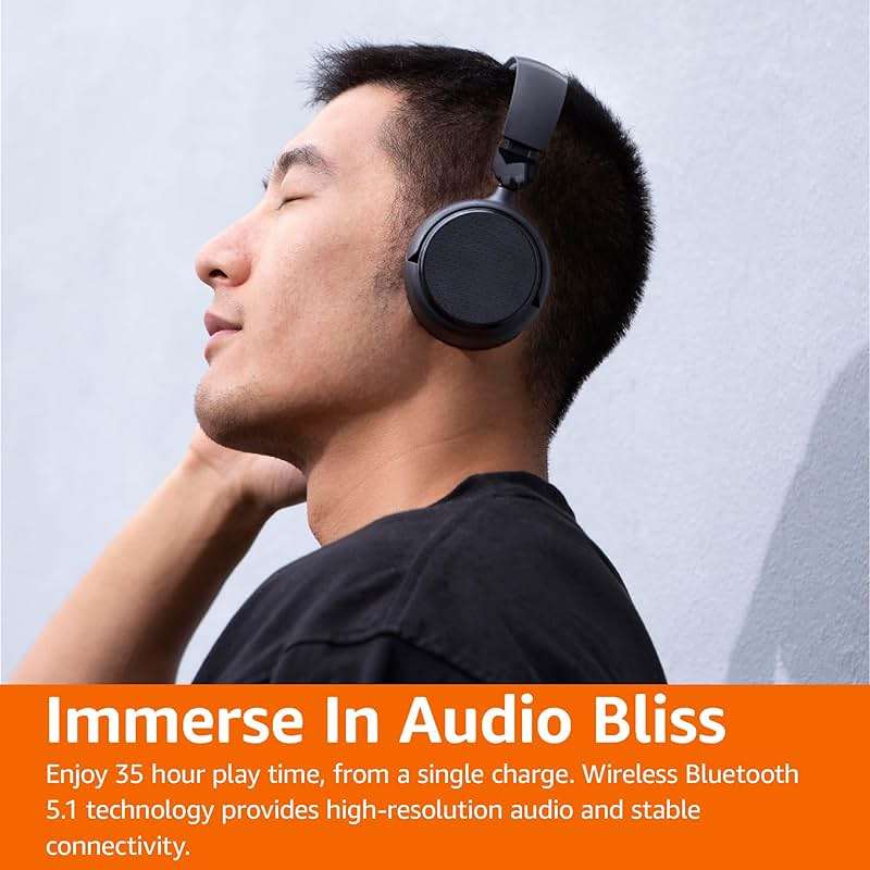 Amazon Basics Bluetooth On-Ear Headphones Wireless with Microphone, Deep Bass, 35 Hour Playtime, Foldable, Collapsible, Portable Travel Friendly, Black - Image 2
