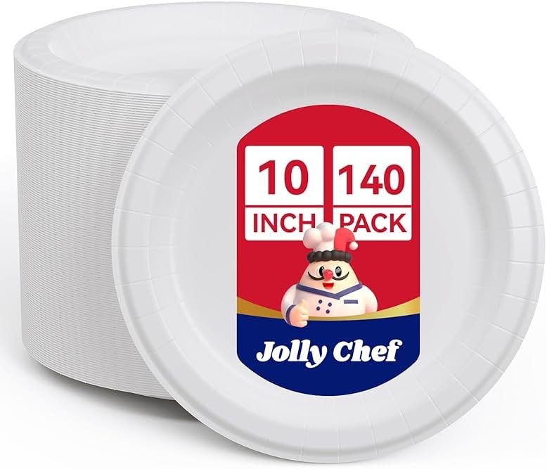 JOLLY CHEF10 inch 140 Pack Disposable Paper Plates,Soak Proof, Cut Proof, Microwave Safe Heavy Duty Paper Plates Everyday Use - Product Image