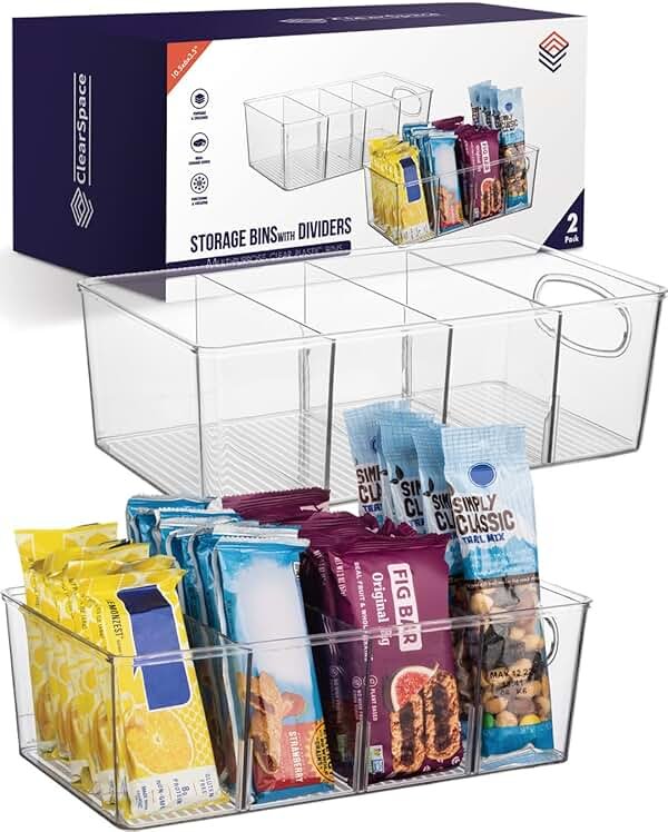 ClearSpace Plastic Pantry Organization and Storage Bins with Removable Dividers – Perfect Kitchen Organization or Kitchen Storage – Refrigerator Organizer Bins, Cabinet Organizers (2 Pack) - Product Image