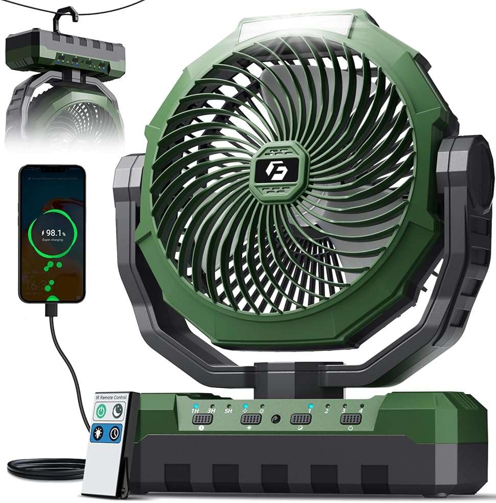 FRIZCOL 3-in-1 Camping Fan - Portable Fans Rechargeable - 24000mAh Battery Powered Fan with Light & Remote for Indoor, Outdoor, Tent, Travel, Fishing, Jobsite, Gifts for Men Dad Him - Green - Image 1