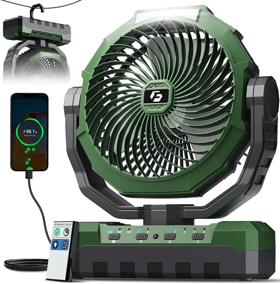 FRIZCOL 3-in-1 Camping Fan - Portable Fans Rechargeable - 24000mAh Battery Powered Fan with Light & Remote for Indoor, Outdoor, Tent, Travel, Fishing, Jobsite, Gifts for Men Dad Him - Green - Product Image