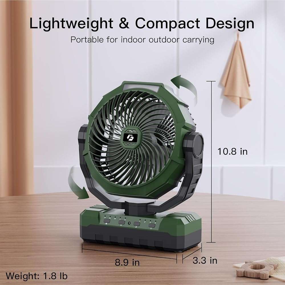 FRIZCOL 3-in-1 Camping Fan - Portable Fans Rechargeable - 24000mAh Battery Powered Fan with Light & Remote for Indoor, Outdoor, Tent, Travel, Fishing, Jobsite, Gifts for Men Dad Him - Green - Image 3