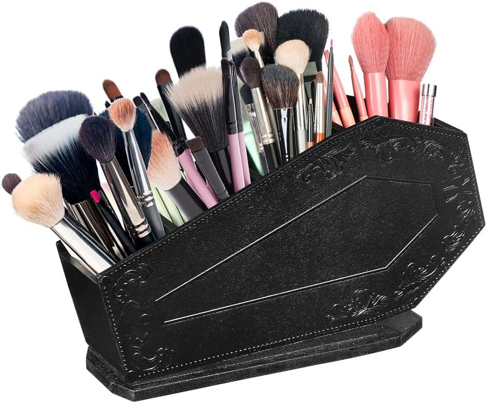Maitys Coffin Makeup Brush Holder Gothic Wooden Organizer Spooky Coffin Case Gifts for Women Cosmetic Display Cases Spooky Home Office Pencil Brushes Organizer Bathroom Christmas Decor Accessories - Image 1