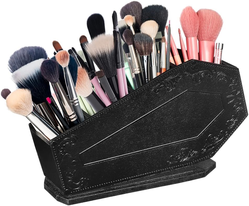Maitys Coffin Makeup Brush Holder Gothic Wooden Organizer Spooky Coffin Case Gifts for Women Cosmetic Display Cases Spooky Home Office Pencil Brushes Organizer Bathroom Christmas Decor Accessories - Product Image