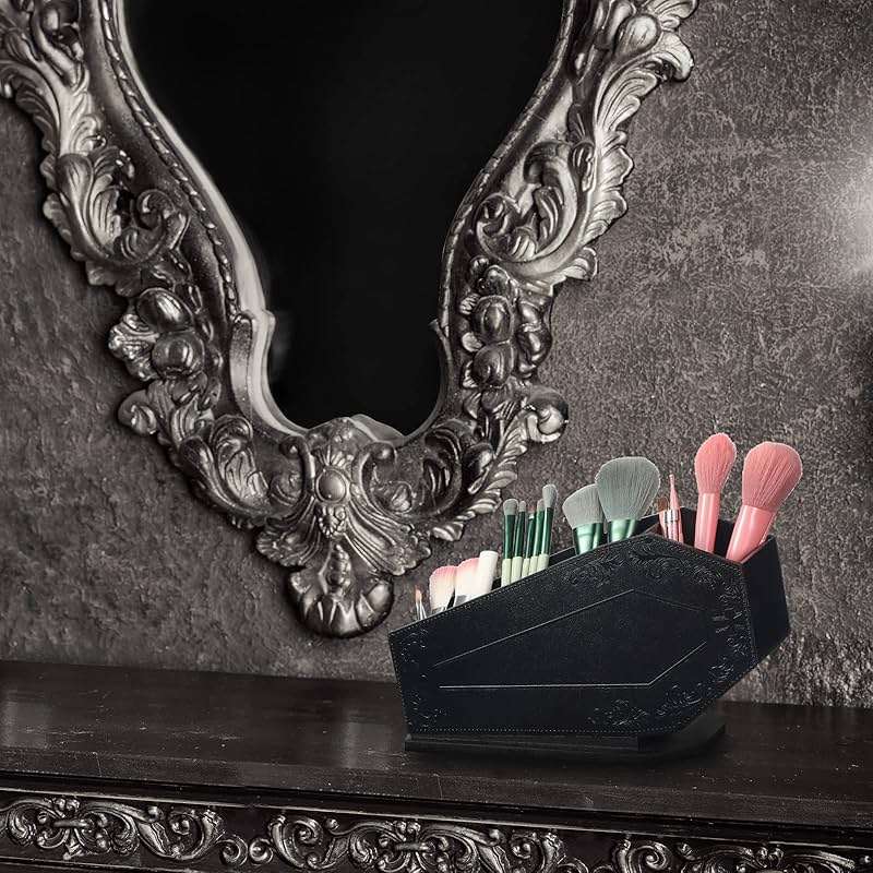 Maitys Coffin Makeup Brush Holder Gothic Wooden Organizer Spooky Coffin Case Gifts for Women Cosmetic Display Cases Spooky Home Office Pencil Brushes Organizer Bathroom Christmas Decor Accessories - Image 4