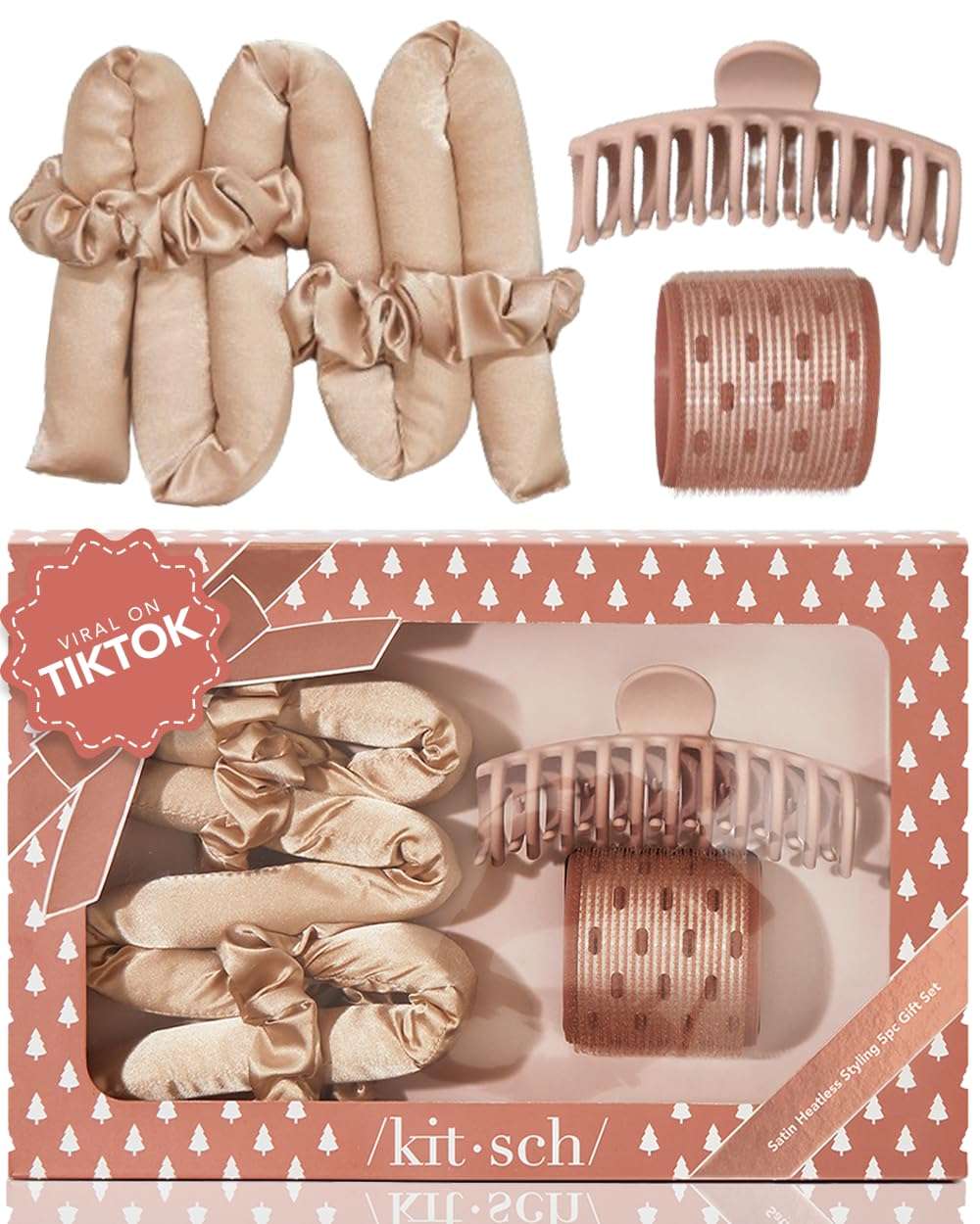 Kitsch Satin Heatless Hair Curler Styling 5pc Gift Set - Satin Heatless Hair Curler w/ 2 Scrunchies, Ceramic Thermal Roller & Claw Clip, Gifts for Women, Hair Roller Styling & Accessories- Champagne - Image 1