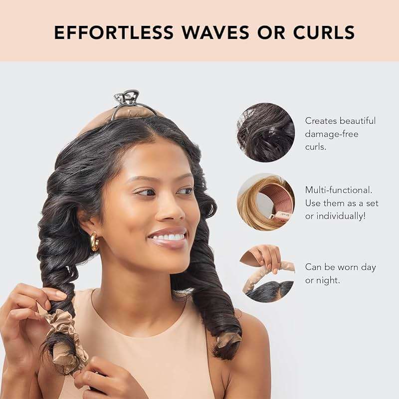 Kitsch Satin Heatless Hair Curler Styling 5pc Gift Set - Satin Heatless Hair Curler w/ 2 Scrunchies, Ceramic Thermal Roller & Claw Clip, Gifts for Women, Hair Roller Styling & Accessories- Champagne - Image 3