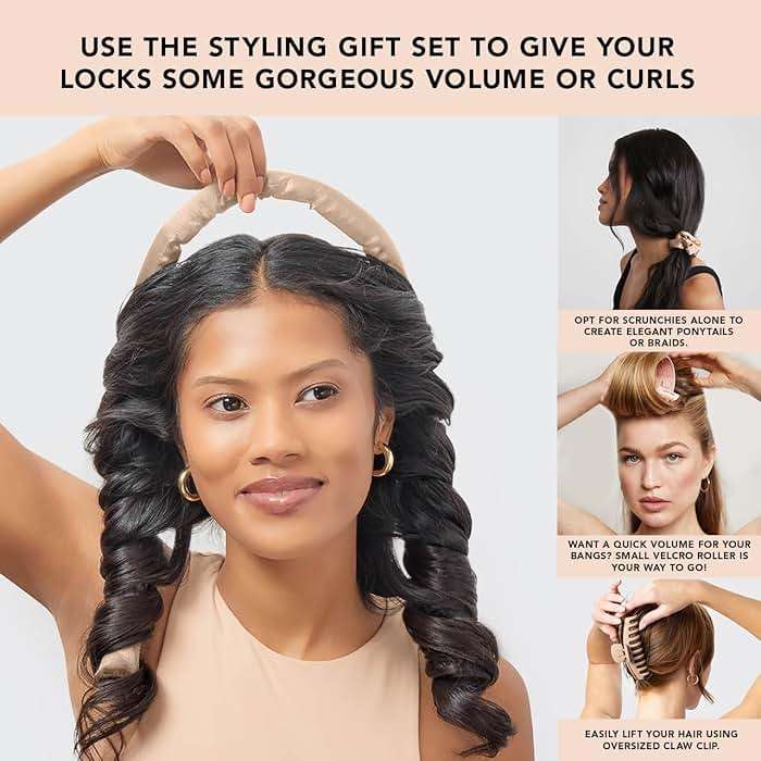 Kitsch Satin Heatless Hair Curler Styling 5pc Gift Set - Satin Heatless Hair Curler w/ 2 Scrunchies, Ceramic Thermal Roller & Claw Clip, Gifts for Women, Hair Roller Styling & Accessories- Champagne - Image 4