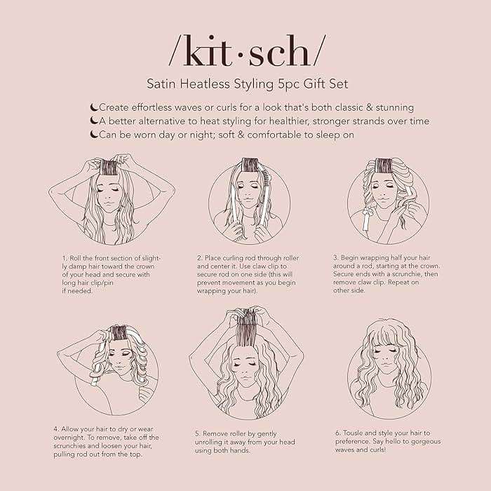 Kitsch Satin Heatless Hair Curler Styling 5pc Gift Set - Satin Heatless Hair Curler w/ 2 Scrunchies, Ceramic Thermal Roller & Claw Clip, Gifts for Women, Hair Roller Styling & Accessories- Champagne - Image 5