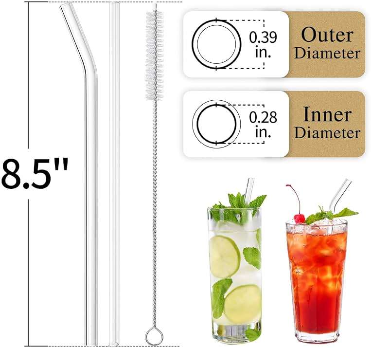 Piteno® 12Pcs Glass Straws with 4Pcs Brushes, Reusable Clear Glass Drinking Straws, 8.5''x10MM, Set of 6 Straight and 6 Bent with 4 Cleaning Brushes, Perfect for Smoothies, Milkshakes, Juice, Tea - Image 3