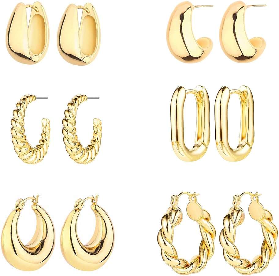 6 Pairs 14K Gold Plated Hoop Earrings for Women Lightweight Chunky Hoop Earrings Multipack Hypoallergenic, Thick Open Twisted Huggie Hoops Earring Set Jewelry for Gifts. - Image 1