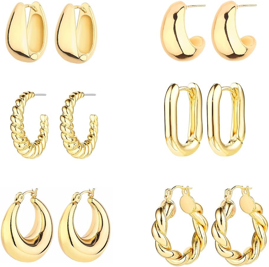 6 Pairs 14K Gold Plated Hoop Earrings for Women Lightweight Chunky Hoop Earrings Multipack Hypoallergenic, Thick Open Twisted Huggie Hoops Earring Set Jewelry for Gifts. - Product Image