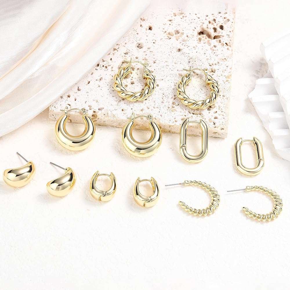 6 Pairs 14K Gold Plated Hoop Earrings for Women Lightweight Chunky Hoop Earrings Multipack Hypoallergenic, Thick Open Twisted Huggie Hoops Earring Set Jewelry for Gifts. - Image 5