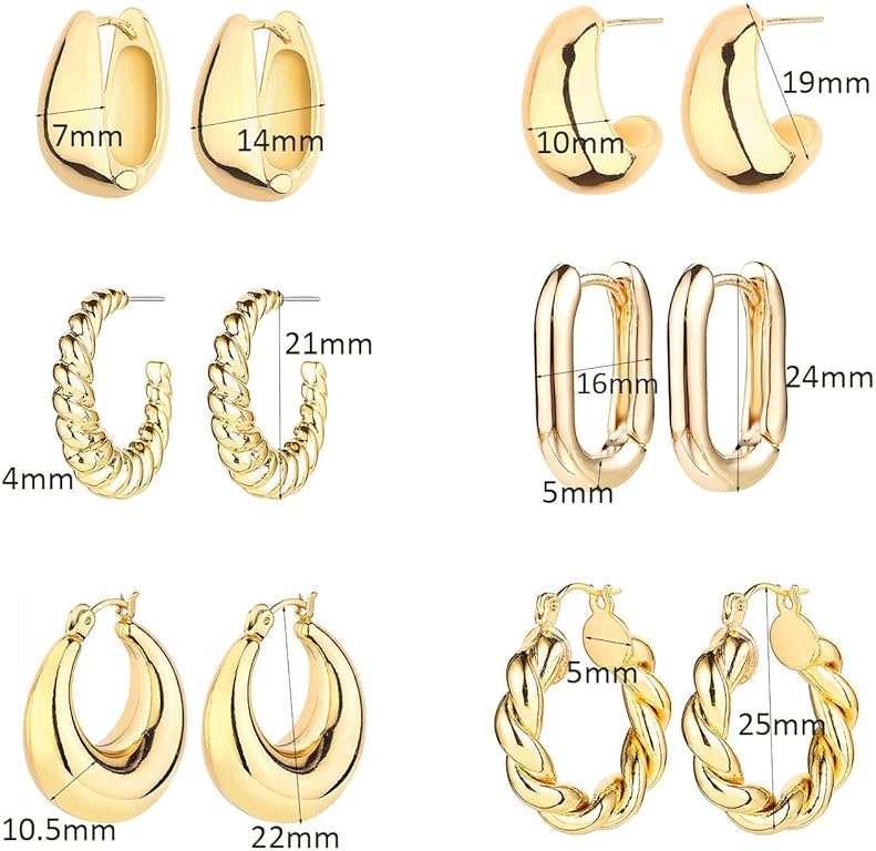6 Pairs 14K Gold Plated Hoop Earrings for Women Lightweight Chunky Hoop Earrings Multipack Hypoallergenic, Thick Open Twisted Huggie Hoops Earring Set Jewelry for Gifts. - Image 6