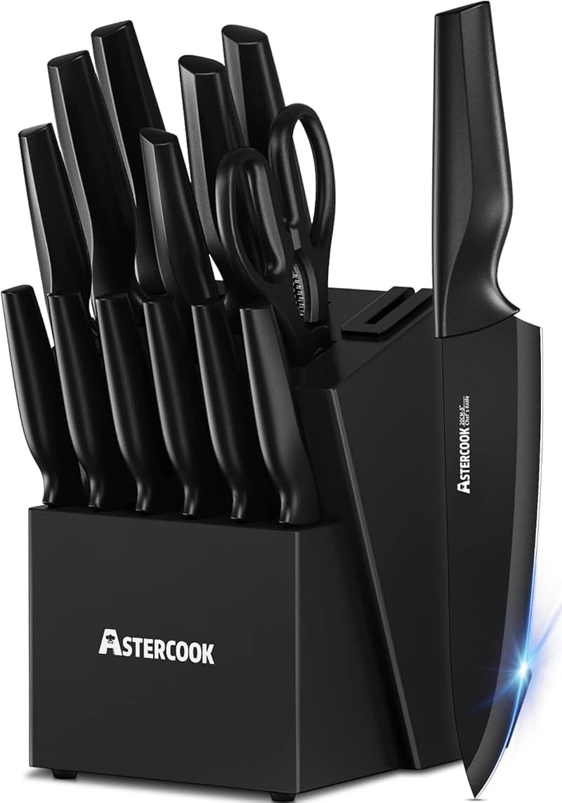 Astercook Knife Set, Kitchen Knife Set with Built-in Sharpener Block, Dishwasher Safe, 15 Pieces German Stainless Steel Knife Block Set, Black Perfect Kitchen Fathers Day Gift for Men - Product Image
