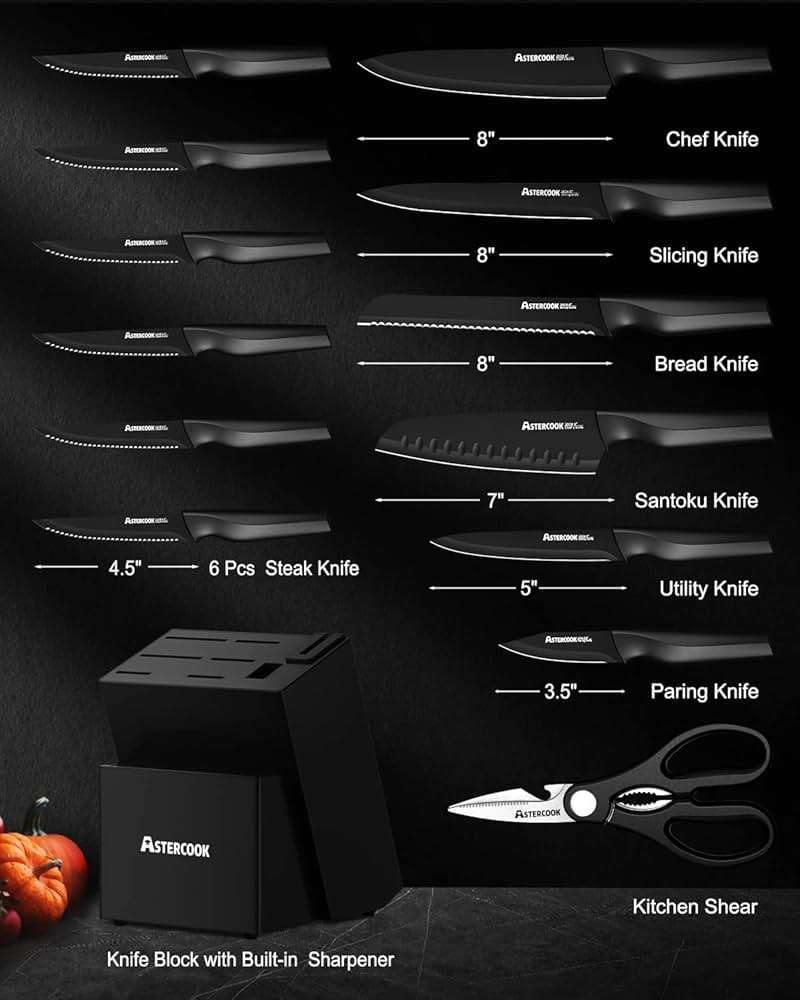 Astercook Knife Set, Kitchen Knife Set with Built-in Sharpener Block, Dishwasher Safe, 15 Pieces German Stainless Steel Knife Block Set, Black Perfect Kitchen Fathers Day Gift for Men - Image 3