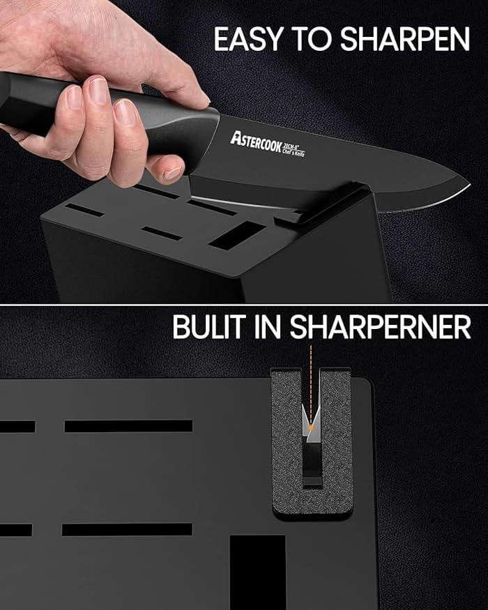 Astercook Knife Set, Kitchen Knife Set with Built-in Sharpener Block, Dishwasher Safe, 15 Pieces German Stainless Steel Knife Block Set, Black Perfect Kitchen Fathers Day Gift for Men - Image 5
