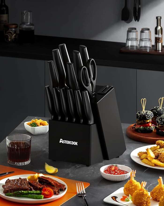 Astercook Knife Set, Kitchen Knife Set with Built-in Sharpener Block, Dishwasher Safe, 15 Pieces German Stainless Steel Knife Block Set, Black Perfect Kitchen Fathers Day Gift for Men - Image 9