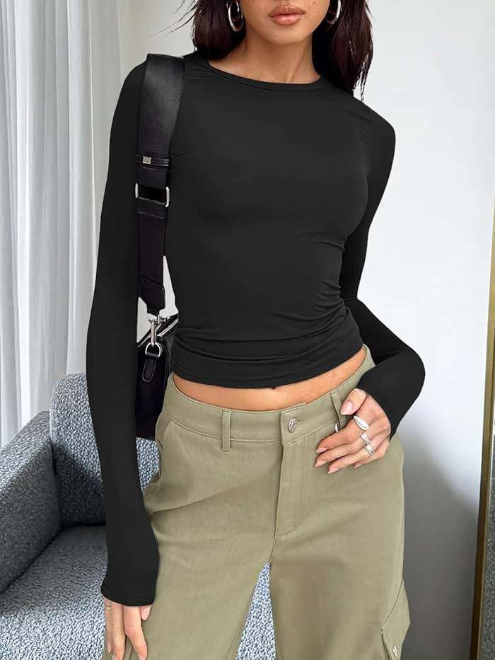 Trendy Queen Womens Long Sleeve T Shirts Fall Fashion 2025 Basic Crop Tops Going Out Outfits Y2k Clothes - Image 6