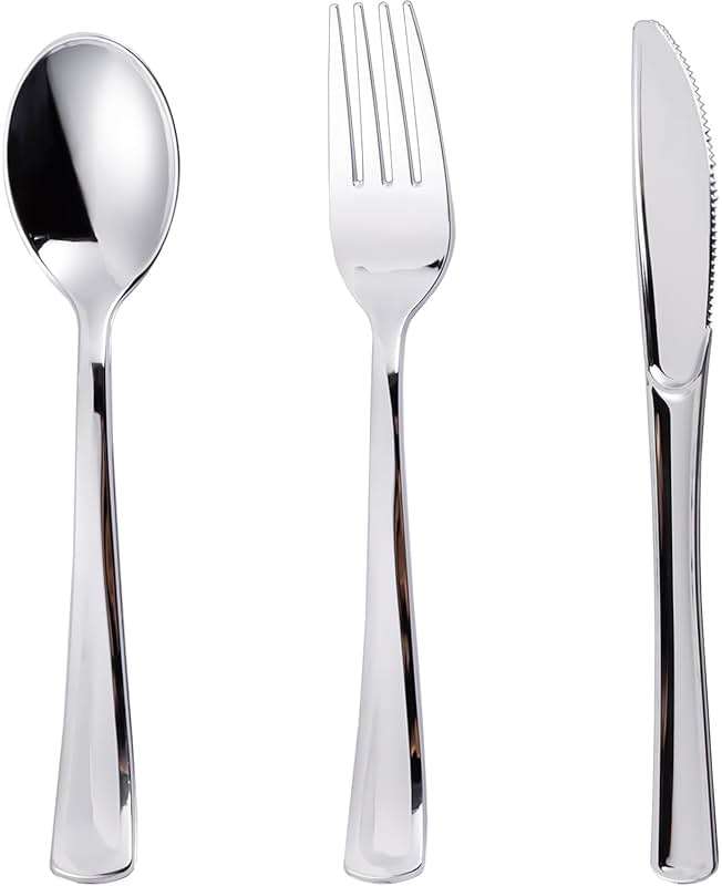 N9R 120PCS Silver Plastic Silverware, Silver Plastic Cutlery Set Disposable Flatware Dinnerware -60 Forks, 30 Spoons, 30 Knives for Wedding, Party, Birthday and Daily Use - Image 1