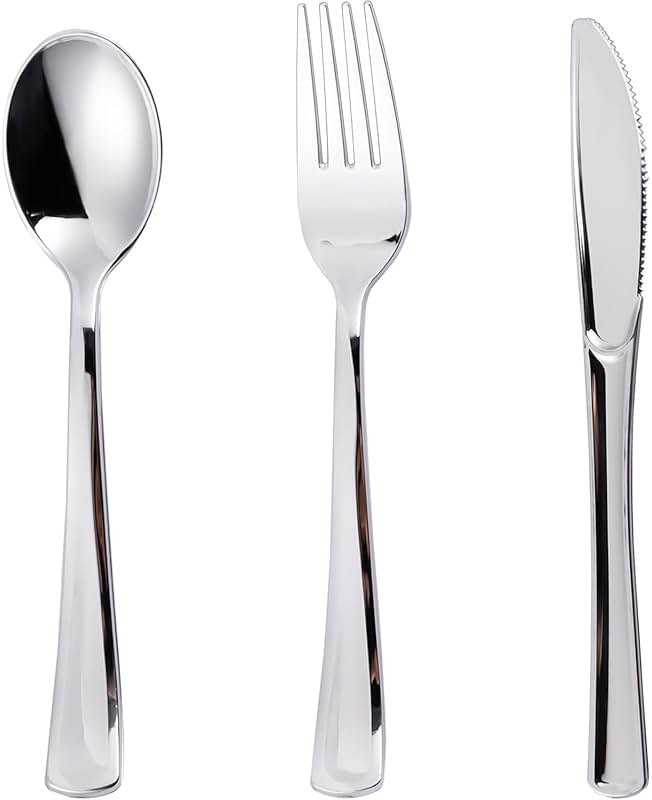 N9R 120PCS Silver Plastic Silverware, Silver Plastic Cutlery Set Disposable Flatware Dinnerware -60 Forks, 30 Spoons, 30 Knives for Wedding, Party, Birthday and Daily Use - Product Image