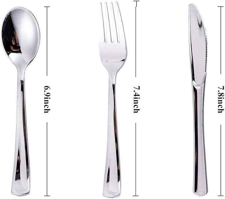 N9R 120PCS Silver Plastic Silverware, Silver Plastic Cutlery Set Disposable Flatware Dinnerware -60 Forks, 30 Spoons, 30 Knives for Wedding, Party, Birthday and Daily Use - Image 3