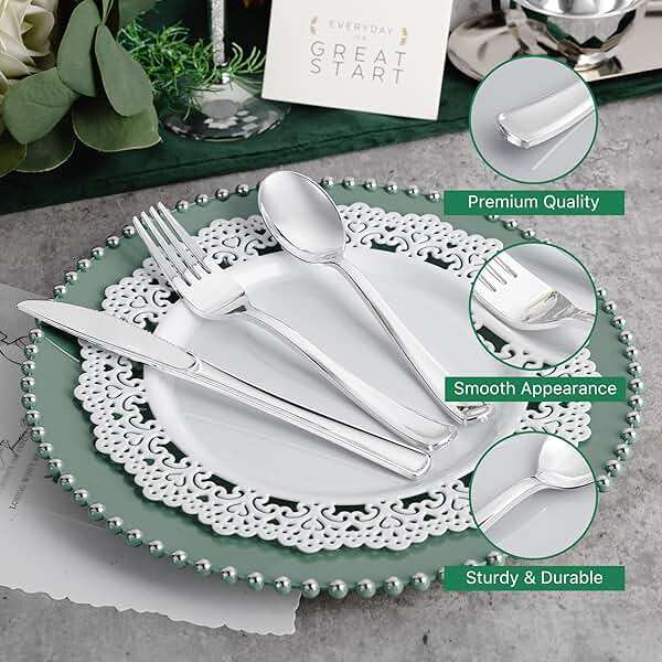 N9R 120PCS Silver Plastic Silverware, Silver Plastic Cutlery Set Disposable Flatware Dinnerware -60 Forks, 30 Spoons, 30 Knives for Wedding, Party, Birthday and Daily Use - Image 5