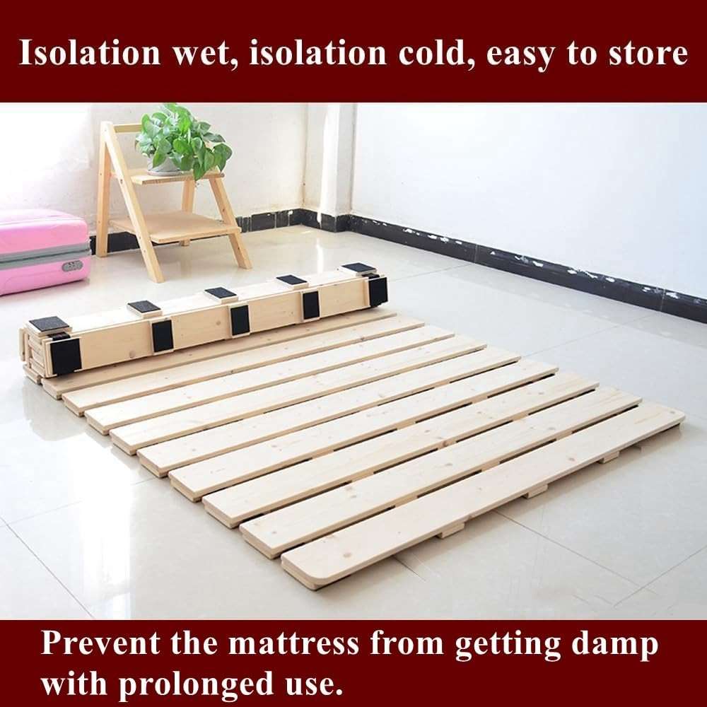 LOBOTOU Foldable Floor Bed Frame, Breathable Wooden Roll-Up Slats Base for Japanese Futon Mattress, Low Profile Sleep Bedding (Full) - Image 3