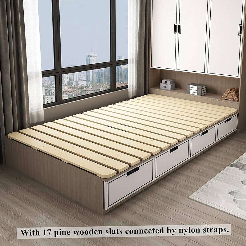 LOBOTOU Foldable Floor Bed Frame, Breathable Wooden Roll-Up Slats Base for Japanese Futon Mattress, Low Profile Sleep Bedding (Full) - Image 4