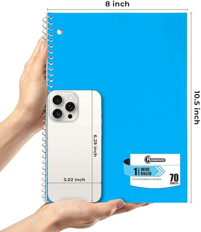 Rosmonde Spiral Notebooks, 12 Pack, 1 Subject Notebook, Wide Ruled, 70 Sheets, 8 x 10-1/2", 3 Hole Punched, School Supplies, Bulk Single Subject Spiral Notebook Bulk, Assorted Colors Pack of Notebooks - Image 2