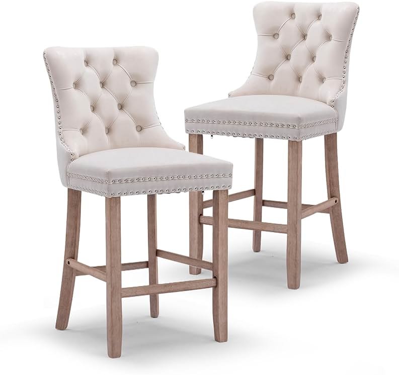 JETEAGO Bar Stools Set of 2, 25-inch Seat Height Velvet Upholstered Bar Stool for Kitchen Island, Counter Stools with Nailhead Trim, Beige - Product Image